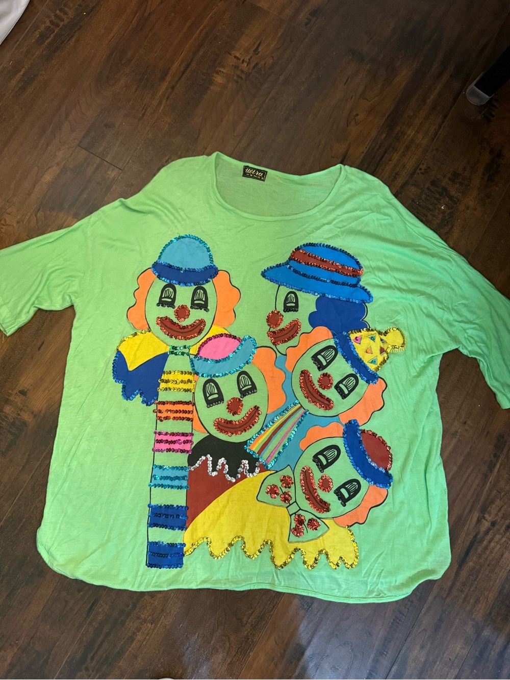 Vintage 1990s Ultra Lime Green Sequin Clown Novelty Top Shirt OSFM Retro